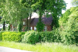 a red brick house with trees and bushes at Alte Schule Osteroden in Merzen