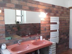 a bathroom with a pink sink and a brick wall at Barthoux in Seythenex