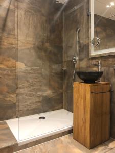 La salle de bains est pourvue d'un lavabo et d'une douche. dans l'établissement Arthotel Restaurant Pfeffermühle, à Ingolstadt