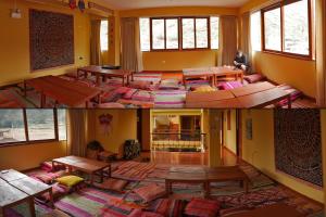 two pictures of a room with tables and a couch at El Parche Rutero Hostel in Pisac