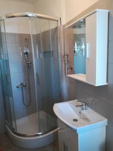 uma casa de banho com um chuveiro e um lavatório. em Studio apartman Arni em Rijeka