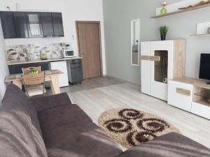 ein Wohnzimmer mit einem Sofa und einer Küche in der Unterkunft Apartament Noblesse, complex Apolonia-Eforie Nord in Eforie Nord