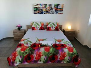 a bedroom with a bed with red flowers on it at Spacious & Modern Studio Apartment Near the Airport in Glyka Nera