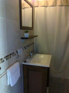 a bathroom with a sink and a mirror and a shower at Departamento Piedra del Condor in San Carlos de Bariloche