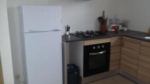 eine Küche mit einem schwarzen Herd und einem Kühlschrank in der Unterkunft Bastide les Buis in Roquebrune-sur-Argens