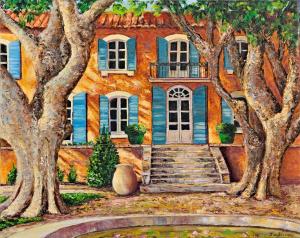 a painting of a blue house with trees at Chez Janine in Saint-Laurent-dʼAigouze