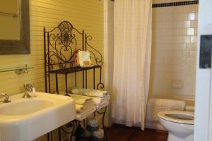 ein Bad mit einem Waschbecken, einem WC und einer Dusche in der Unterkunft Beachview Inn and Spa in Tybee Island