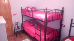 Alquerías的住宿－Paraiso Huertano，一间卧室配有两张双层床和粉红色床单
