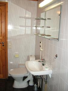 a bathroom with a white sink and a toilet at Ylläsriemu Apartments in Äkäslompolo