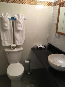 a white toilet sitting next to a sink in a bathroom at Atlantic Coast Inn in Ellsworth