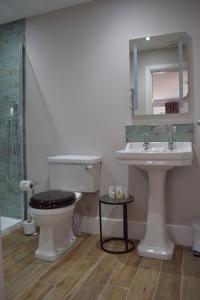 a bathroom with a toilet and a sink and a mirror at The Manor House at Quorn in Loughborough