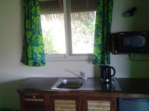 un comptoir de cuisine avec un évier et une fenêtre dans l'établissement Fare Manutea, à Nuku Hiva