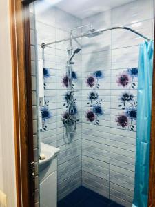 eine Dusche mit blauen und violetten Blumen an der Wand in der Unterkunft HarMar Budget Hotel in the Centre in Goris + 18 Fotos