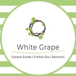 a white grape logo with a wreath at White Grape Suites in Oia