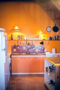 a kitchen with orange walls and a sink at Chambres d'Hôtes et Gîtes Le Mas Bleu & Spa Resort in Rosières