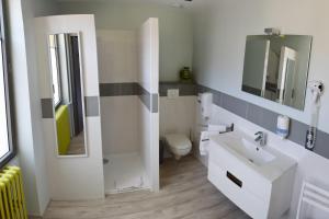 a bathroom with a toilet, sink, and shower at Hotel Restaurant de l'Abbaye in Cluny