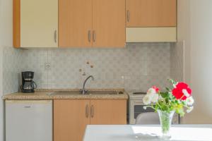 a kitchen with a vase of flowers on a counter at Kassiani Studios in Plakias