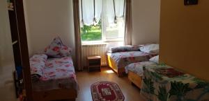 een kamer met 2 bedden, een bank en een raam bij Perla Neagră Lotus Spa in Câineni-Băi