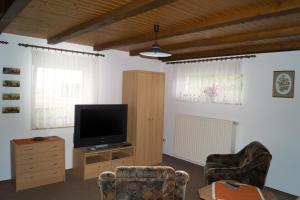 a living room with a television and two chairs at Ferienhaus Fischer in Kurort Gohrisch