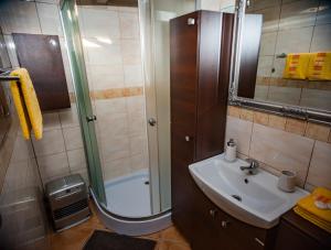 a bathroom with a sink and a shower at Gaja-Białowieża in Wiluki +41 photos