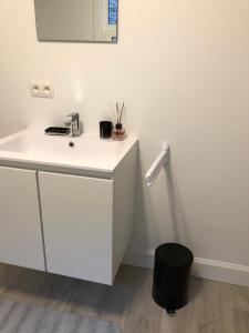 een witte badkamer met een wastafel en een vuilnisbak bij Inga in Ieper