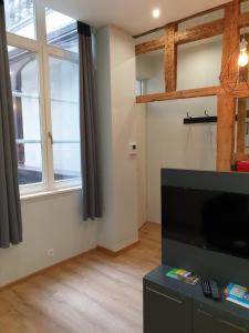 sala de estar con TV y ventana grande en Les Appartements de l'Epine, en Estrasburgo