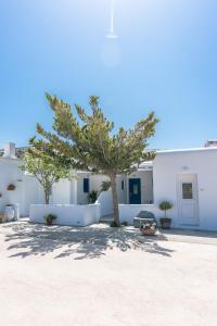 a tree in front of a white building at Flora's Houses Mykonos in Klouvas