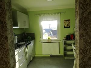 eine Küche mit grünen Wänden und einem Fenster in der Unterkunft Bella Casa in Laufenburg