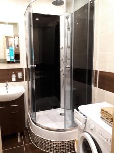 a bathroom with a shower and a washing machine at Apartment TT6 in Trnava