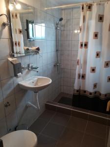 a bathroom with a sink and a shower and a toilet at LAZAREV KONAK in Banja Koviljača