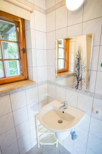 a bathroom with a sink and a mirror at Domek na Mazurach Pasym in Pasym