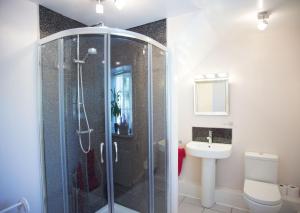une salle de bains avec douche, toilettes et lavabo dans l'établissement Birdsong Cottage Bed and Breakfast, à Chathill 11 autres photos