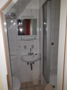 a bathroom with a sink and a shower and a toilet at Dorfkrug Grabau 23845 in Grabau