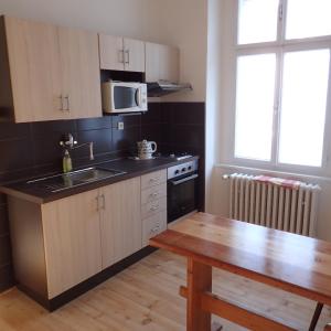 a kitchen with a sink and a stove and a table at Pension Prislin in Litoměřice