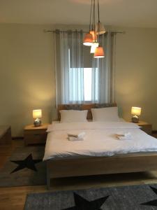 a bedroom with a large bed with stars on it at WALDSHUT SUITE IN ZENTRUM in Waldshut-Tiengen