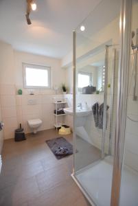 a bathroom with a shower and a sink and a toilet at Ferienwohnung Familie Anker - toll für Groß und Klein! in Hohwacht +19 photos