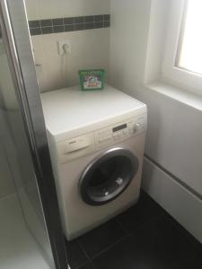 y baño pequeño con lavadora y secadora. en zentral gelegene top ausgestattete Wohnung, en Wurzen