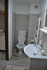 a white bathroom with a toilet and a sink at Casa Maria in Şura Mică +44 photos