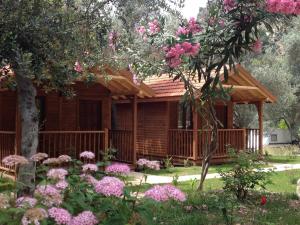 a log cabin with flowers in front of it at KiDRAK OTEL MONTENEGRO-1 in Faralya