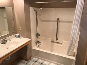 a bathroom with a shower, sink, and toilet at Superior Ridge Resort Motel in Schroeder