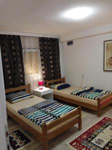 um quarto com 2 camas e uma mesa com um candeeiro em marko&jana em Ohrid