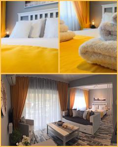 een collage van drie foto's van een slaapkamer bij Alektor in Kavala