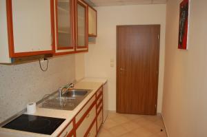 eine Küche mit einem Waschbecken und einem Holzschrank in der Unterkunft Hotel Vitosha in Trjawna