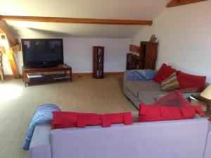 a living room with a couch and a tv at Croix Blanche in Cellieu