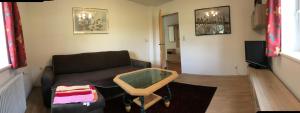 uma sala de estar com um sofá e uma mesa em Ferienhaus Franz Eisl Radau 39 em St. Wolfgang
