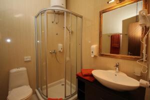 a bathroom with a shower and a sink and a toilet at Palic Lux in Palić