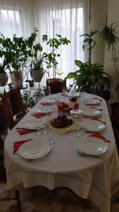 a table with plates and wine glasses on it at Pensiunea Adi Sapinta in Săpânța