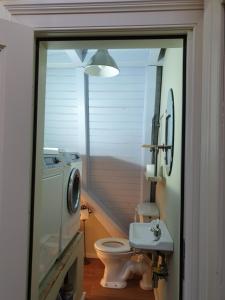 ein Badezimmer mit einem WC, einem Waschbecken und einer Waschmaschine in der Unterkunft Ferienhaus am Wasserturm für 6 Erwachsene und 9 Kinder in Graal-Müritz