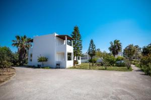a white house with palm trees and a driveway at Fotini Studios in Kámpos