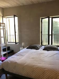 a bedroom with a bed with two pillows and two windows at 13 QUAI JEAN JAURES in LʼIsle-sur-la-Sorgue